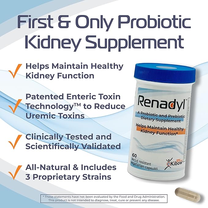 Kibow Renadyl Kidney Probiotic Supplement | Urea, Creatinine, & Uric Acid Support | 45 Billion CFUs | Clinically Tested, Non-GMO, & Made in USA, 180 Capsules (3 Bottles, 3 Month Supply)