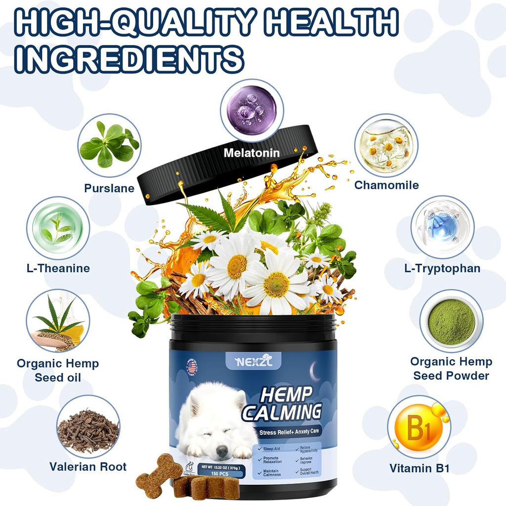 Hemp Calming Chews for Dogs 300ct with Melatonin-Stress & Anxiety Relief Sleep Aid Treats for Small/Medium/Large Dogs- Fireworks, Thunder, Barking, Separation Vet Approved Made in USA Chicken Flavor