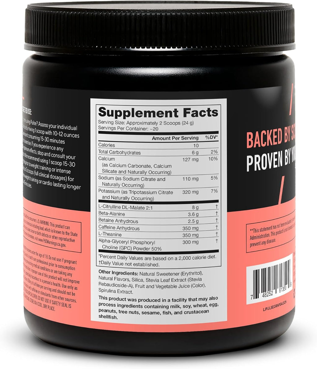 LEGION Pulse Pre Workout - All Natural Nitric Oxide Preworkout Drink to Boost Energy, Creatine Free, Naturally Sweetened, Beta Alanine, Citrulline, Alpha GPC (Grape)