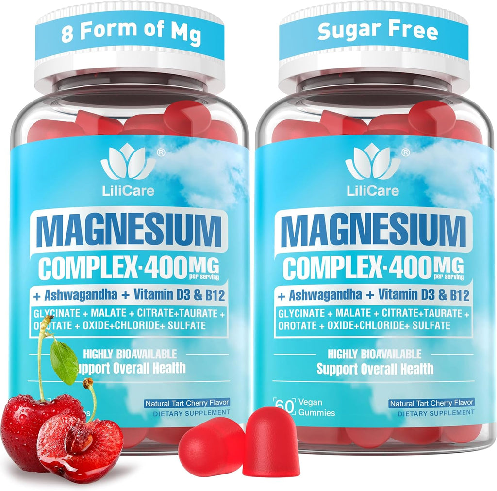 Magnesium Complex Gummies for Women Men 400mg, 8 Forms of Magnesium Glycinate, Citrate, Malate - Sugar Free Calm Magnesium Gummies Supplement with Magnesium Ashwagandha, D3, B12 for Relax,Vegan,120Cts