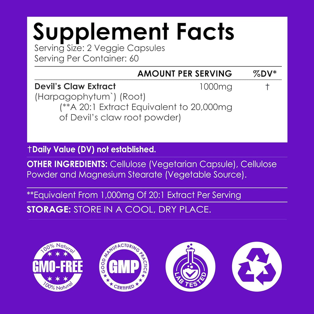 Devils Claw 1000mg | 120 Capsules | 20:1 Concentrated Root Extract | Devils Claw Herbal Supplement | Non-GMO, Gluten Free Supplement