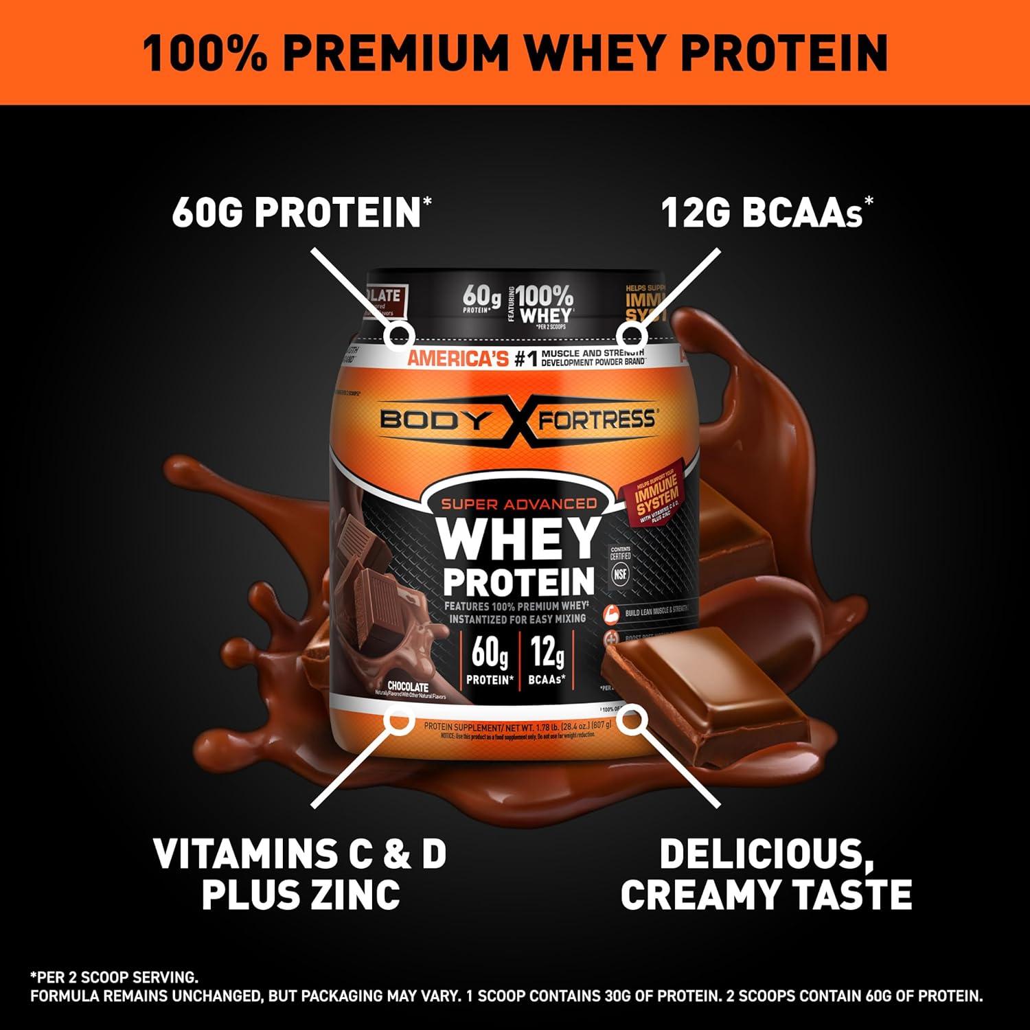 Body Fortress 100% Whey, Premium Protein Powder, Chocolate, 1.78lbs