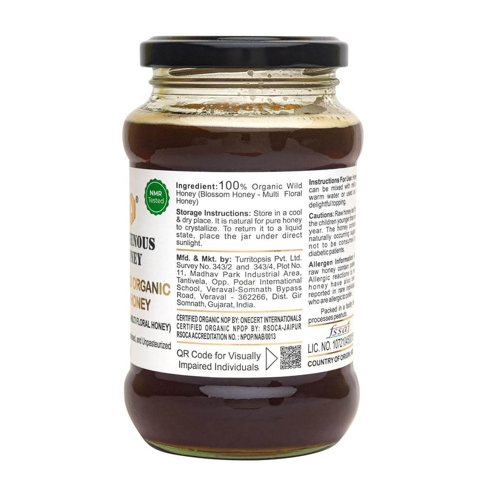 INDIGENOUS HONEY USDA Certified Organic Raw Wild Blossom Honey, Unfiltered Small-Batch Micro-Lot Harvest, Glass Jar, Single-Origin, 17.64 oz