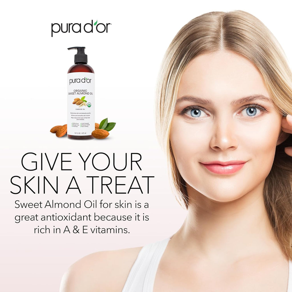 PURA D'OR 16 Oz ORGANIC Sweet Almond Oil - 100% Pure & Natural USDA Certified Cold Pressed Carrier Oil For DIY Beauty - Non-Greasy, Unscented, Hexane Free Moisturizer - Massage Oil For Hair & Skin
