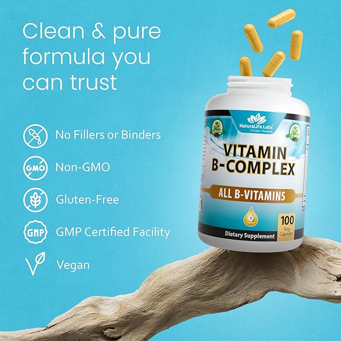 Vitamin B-Complex with Vitamin C – Includes Active B2 (Riboflavin-5-Phosphate), B6 (Pyridoxal-5-Phosphate), B9 (5-MTHF) and B12 (Methylcobalamin); plus B1, B3, B5 and B7 – 100 Capsules (2 Pack)