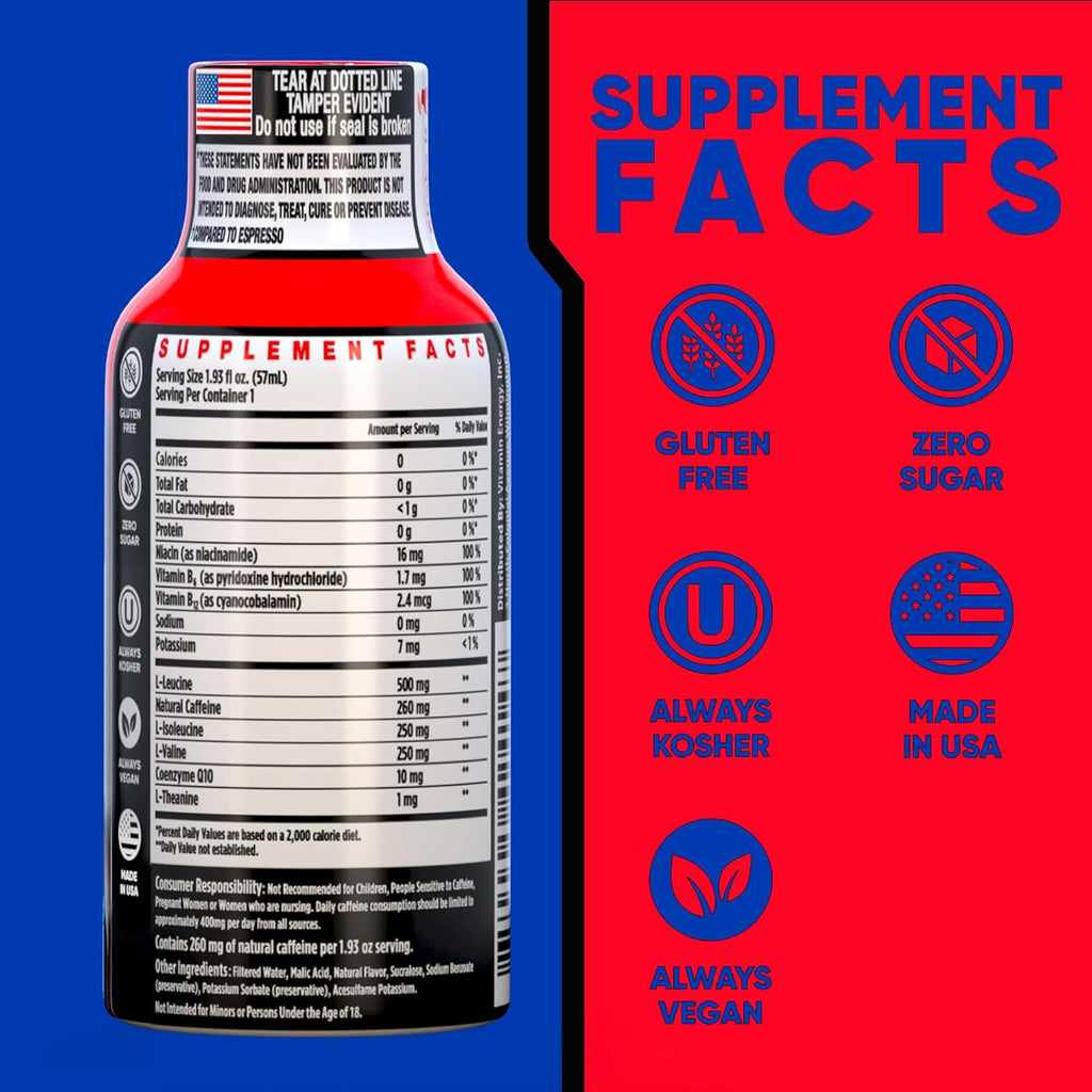 Vitamin Energy Focus+ Extra Strength Energy Shot Tropical Infusion 12 Pack, 260mg Natural Caffeine, B-Vitamins, CoQ10, Amino Acids, Focus, Productivity & Clarity, Zero Sugar, Gluten-Free, 1.93 fl oz