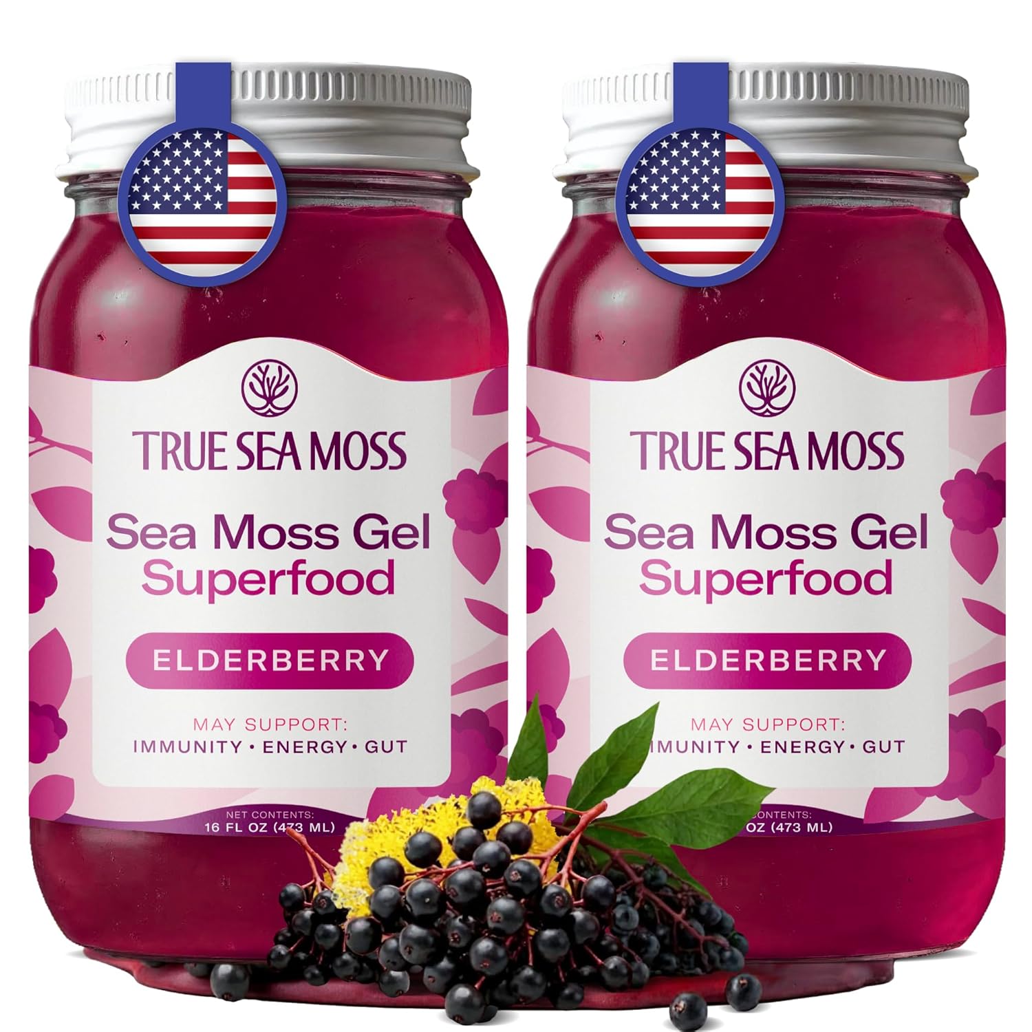 TrueSeaMoss Sea Moss Gel – Made in USA – Wildcrafted Seamoss, Fresh Fruits & Sea Vegetables – Elderberry, Pack of 2 (Labels may Vary)