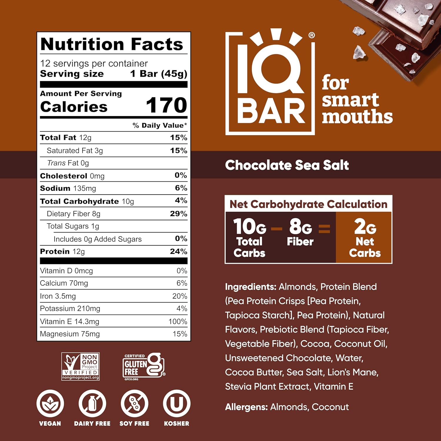 IQBAR Brain and Body Plant Protein Bars - Chocolate Sea Salt - 24-Count - Keto, Vegan, Low Carb, High Fiber, Gluten Free, Dairy Free, Low Sugar Snack with Nutrients for Focus, Energy, Meal Replacement