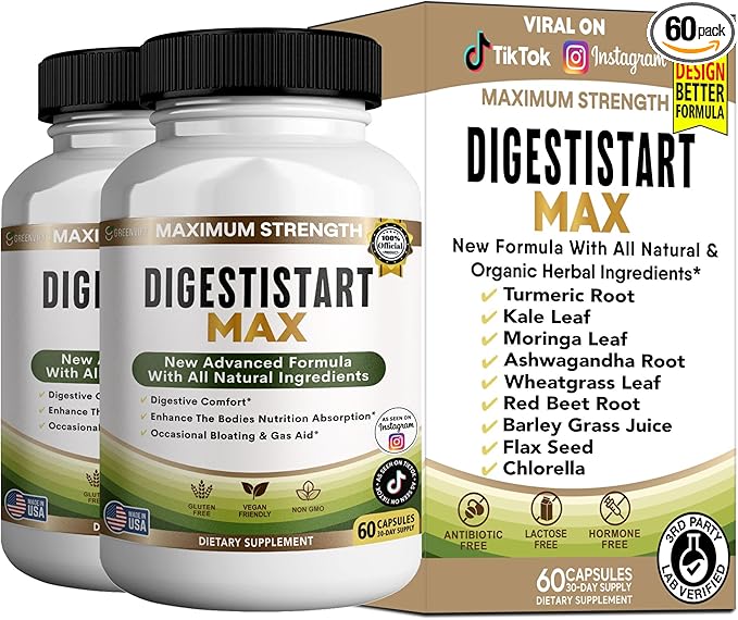 Digestive Start Max Supplement, 60 Veggie Capsules, Natural Enzyme Blend with Probiotics, 30 Day Supply (2)