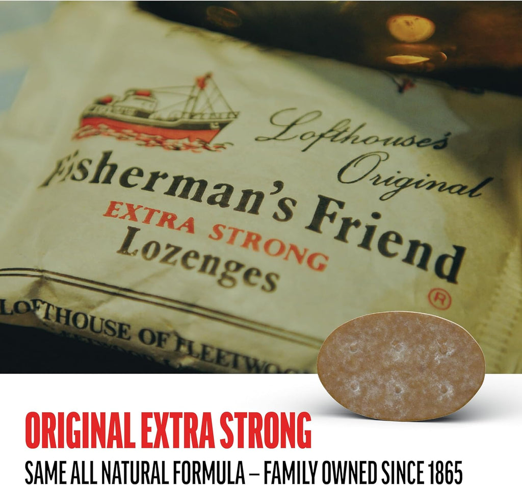 Fisherman's Friend Cough Drops, Cough Suppressant and Sore Throat Lozenges, Original Extra Strong, 10mg Menthol, 228 Drops (6 Packs of 38)