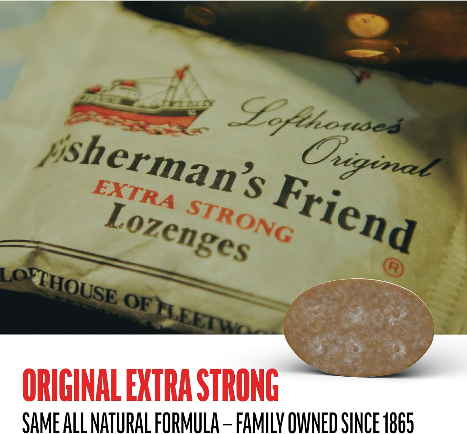 Fisherman's Friend Cough Drops, Cough Suppressant and Sore Throat Lozenges, Original Extra Strong, 10mg Menthol, 228 Drops (6 Packs of 38)