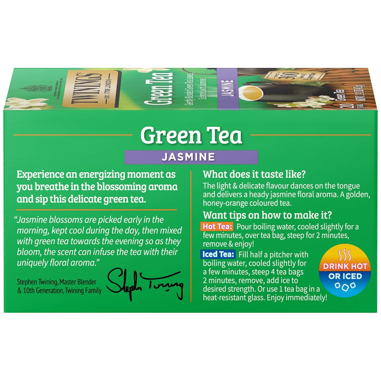 Twinings Green Tea with Jasmine Individually Wrapped Bags, 20 Count (Pack of 1), Fragrant Floral Scent, Caffeinated, Enjoy Hot or Iced, 20 Teabags
