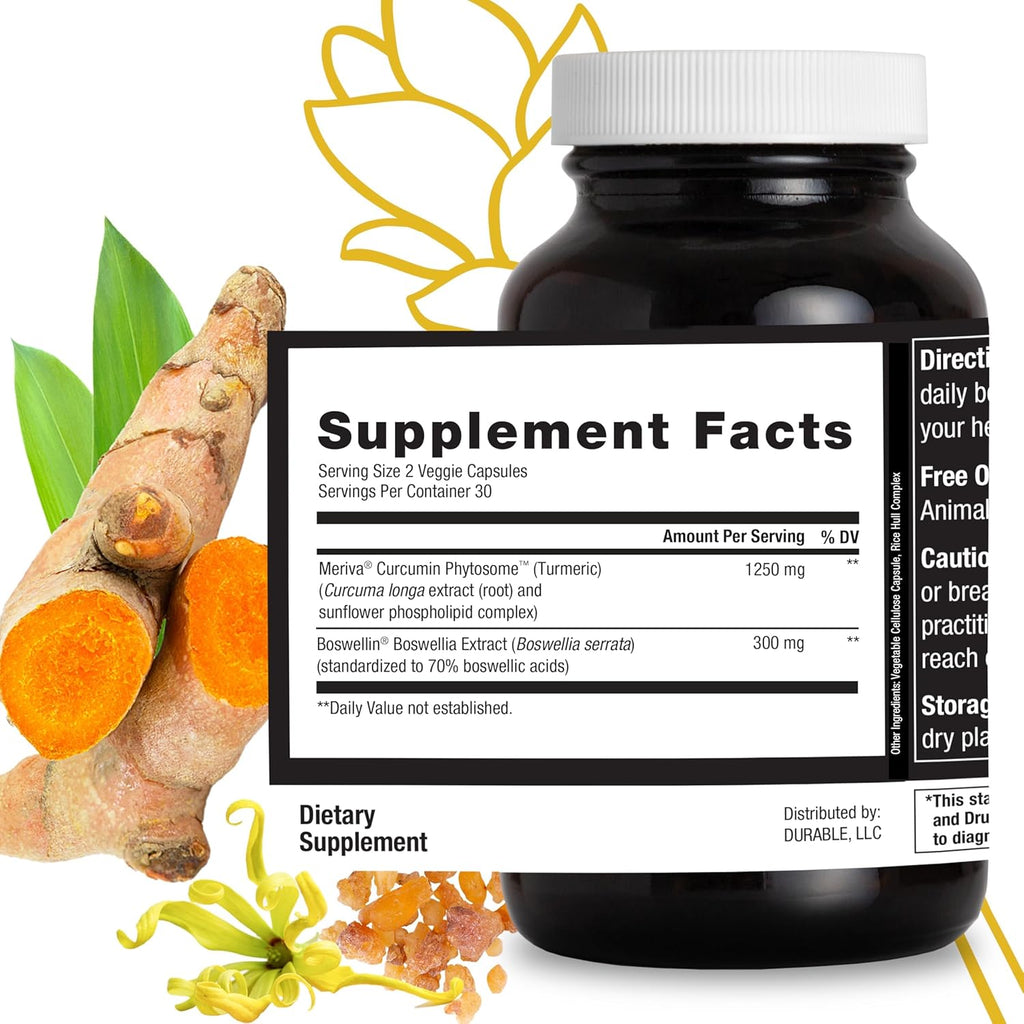 Durable Turmeric - 1250 mg Meriva Curcumin, 29X Better Absorption + Boswellia – Joint Comfort, Mobility & Healthy Inflammatory Response – Doctor Formulated, Vegan, Non-GMO, Made in USA (180 Capsules)