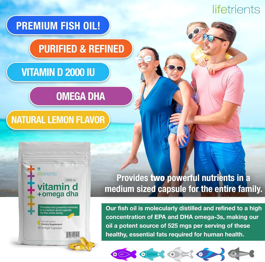 Premium Omega-3 Fish Oil & Vitamin D3 Softgel Capsules - 375mg DHA Boost + 2000 IU - Zesty Lemon Flavor Fish Oil Supplements for Women and Men - USA Made - Heart & Brain Health - 4-Pack