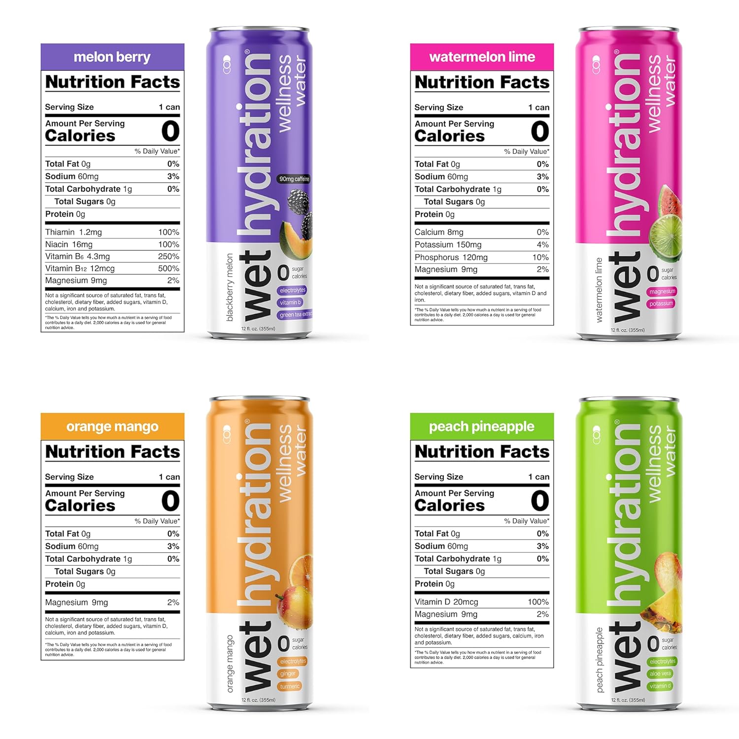 Wet Hydration, Zero Calorie, Functional Wellness Water - Variety Pack (12 Ounce Cans, 4 Flavors, Pack of 12) - Flavored Water, Hydration Drink, No Sugar, No Artificial Ingredients, Zero Calories (Packaging May Vary)