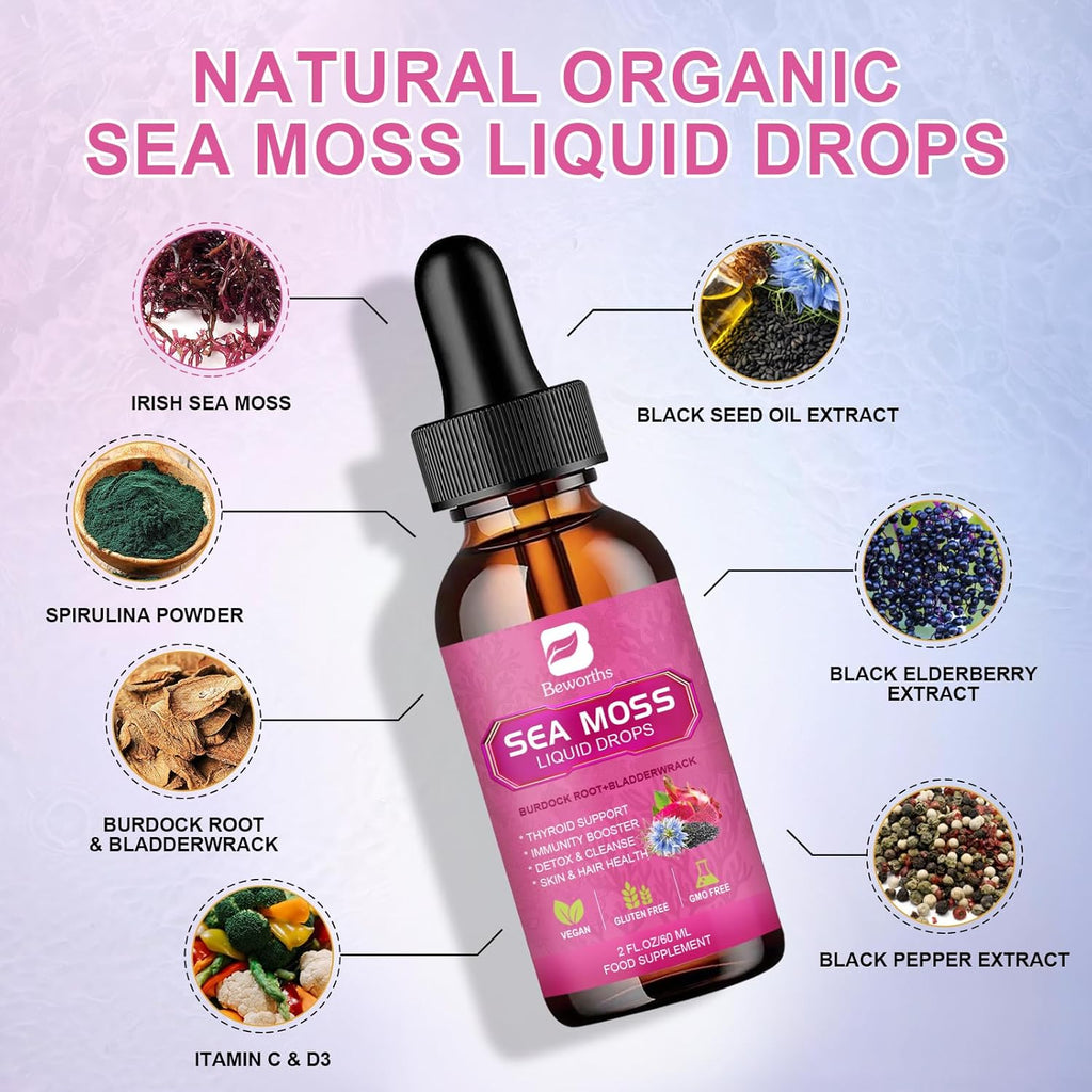Sea Moss Liquid Drops - Organic Black Seed Oil Irish Sea Moss Gel with Burdock Root, Bladderwrack, Elderberry, Vitamin C, D3, 6X Stronger Seamoss Gel for Digestive, Hair Health - Vegan