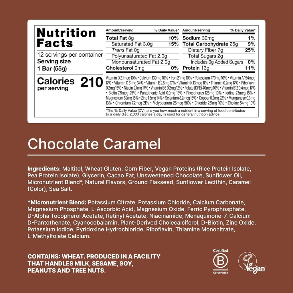 Huel Complete Nutrition Vegan Protein Bars | Chocolate Caramel | 13g Protein | 27 Vitamins & Minerals, 2g Sugar, Non-GMO, 100% Plant Based Snack | 12 Pack