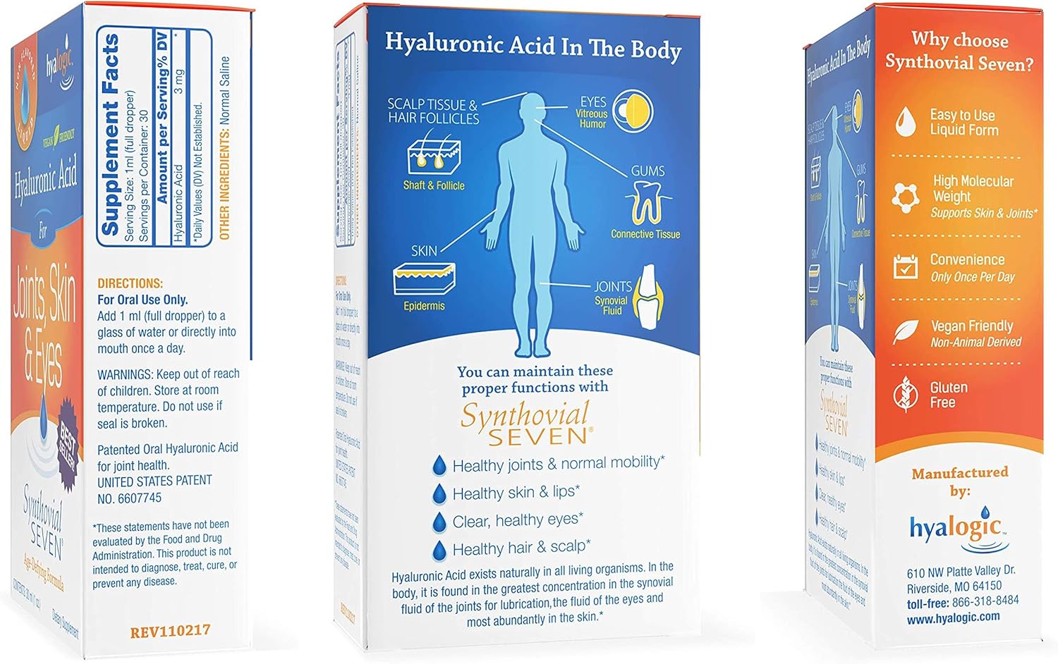 Hyalogic Liquid Synthovial Seven - Oral Hyaluronic Acid Supplement 1oz with Bonus Lip Balm HA Stick - Skin, Body and Lip Hydration