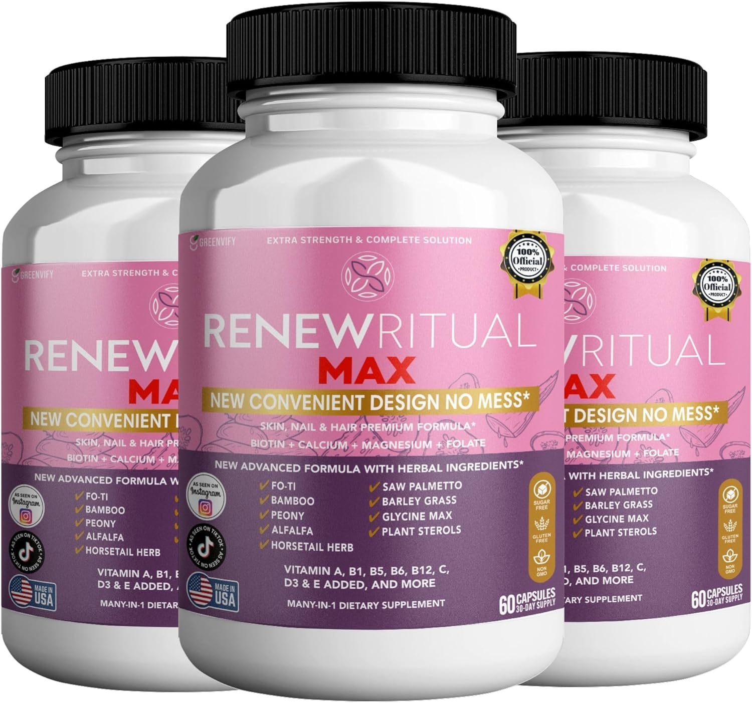 Renew Ritual Max, Hair Skin Nails Supplement, 60 Capsules, Vitamins A B C D E with Biotin (3)