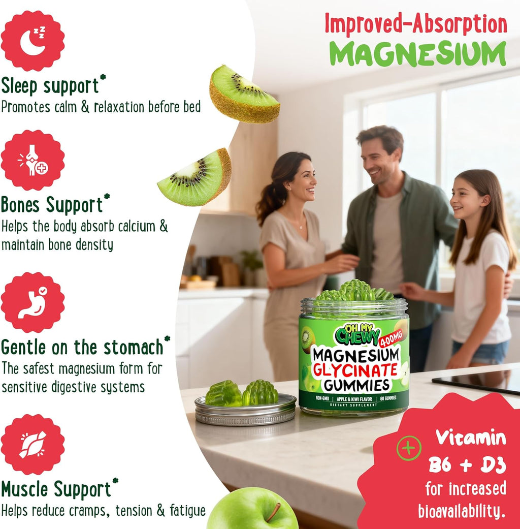 Center-Filled Magnesium Glycinate Gummies 400MG - High Absorption for Kids, Teens & Adults - Supplement for Sleep, Calm & Muscle Relaxation with B6 & D3 - Gluten Free & Vegan Friendly - 60 Count