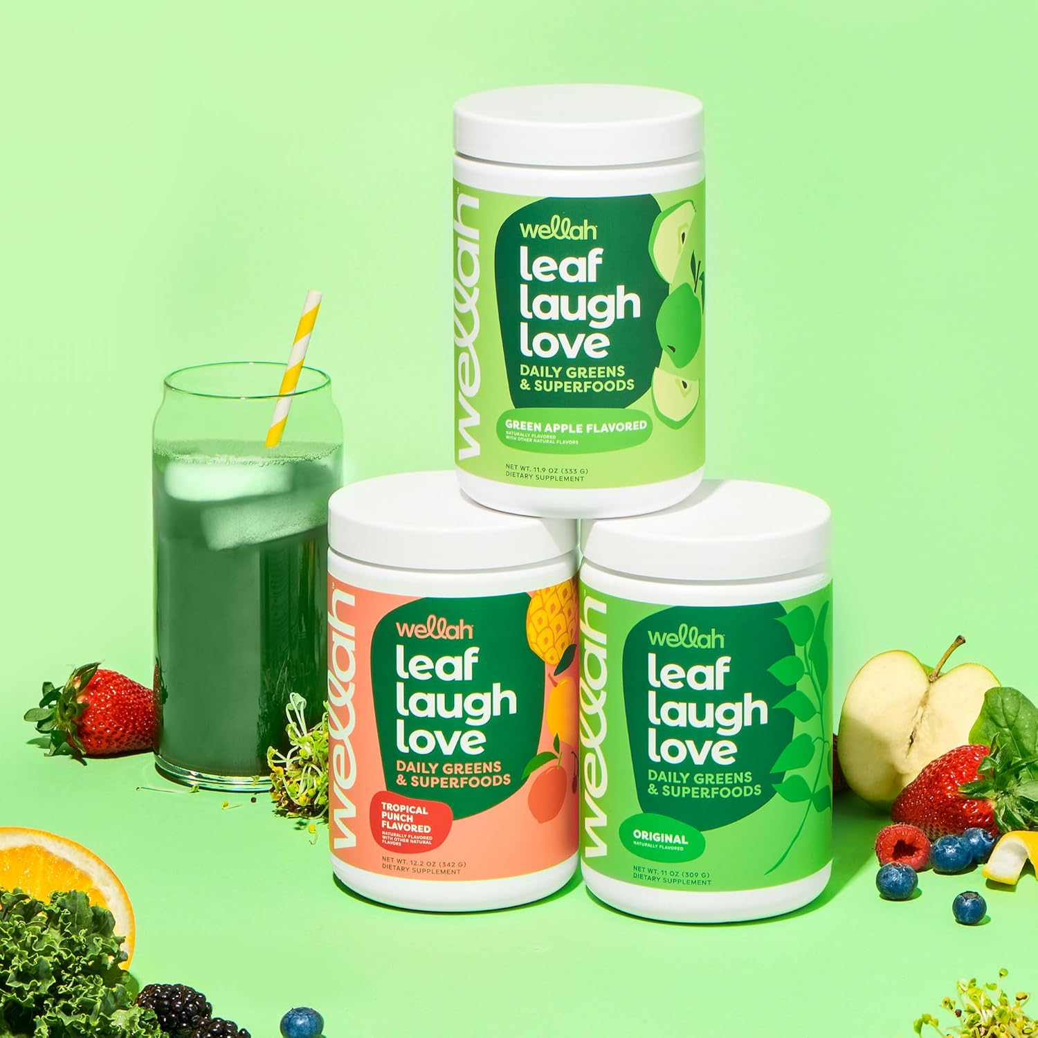 Wellah Leaf, Laugh, Love Super Greens Powder (Unflavored) 30 Servings - Superfood Supplement Drink Mix