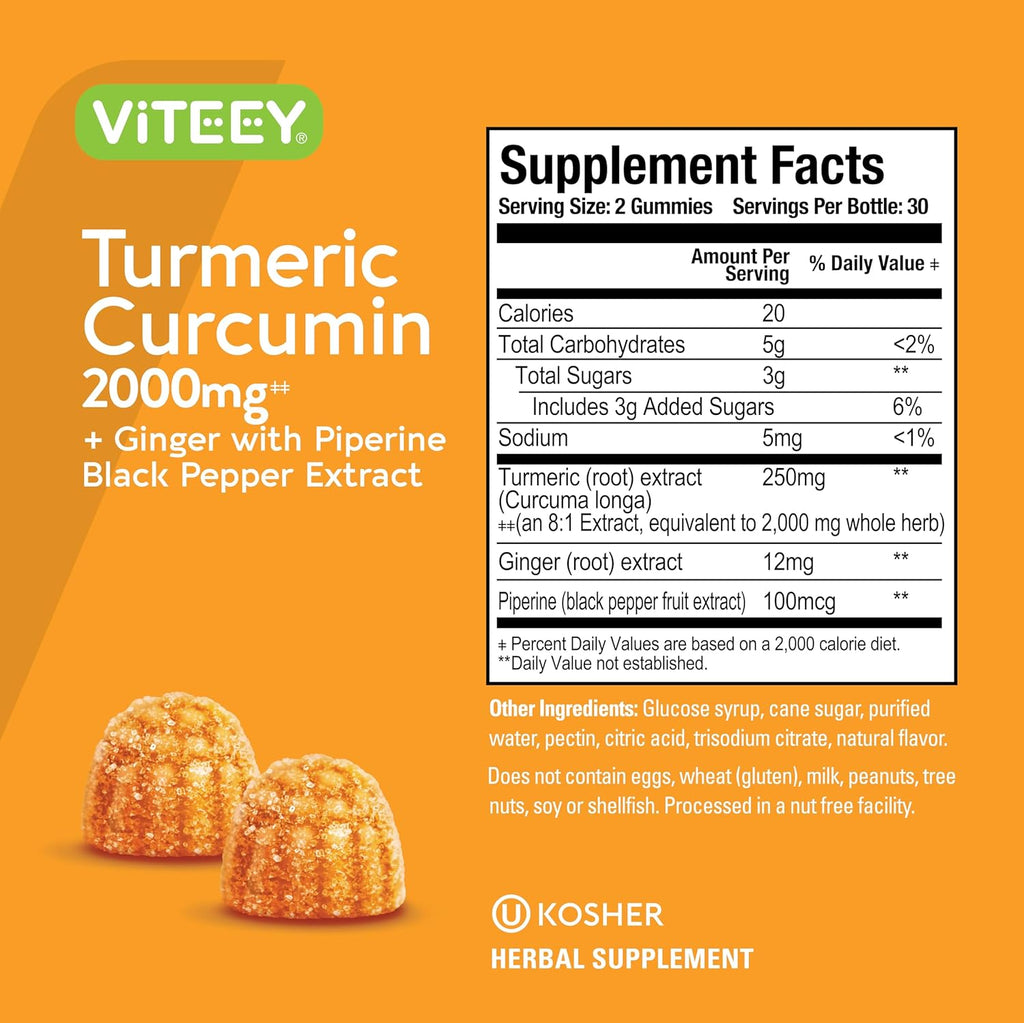 Turmeric Curcumin Gummies with Ginger & Black Pepper Herbal Supplement, 2000mg, Immune Support, Healthy Skin, and Joint Health, Vegan, Pectin Based, for Adults and Teens - Chewable Peach Flavor(2Pack)