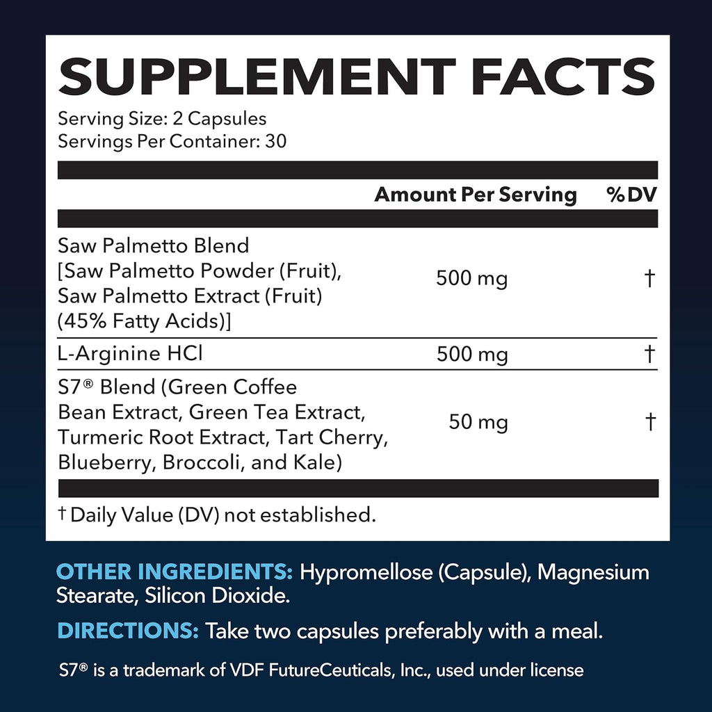 Saw Palmetto 500mg and L-Arginine 500 mg - Prostate Health and Nitric Oxide Supplements for Men - 60 Count - Urinary Function Support and Endurance for Active Males - Vegan, Non-GMO, 1 Month Supply
