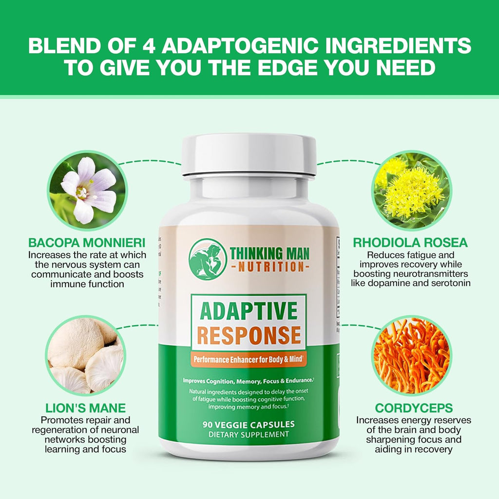 Adaptive Response – Brain Supplements for Memory and Focus | Nootropics Brain Support Supplement with Adaptogens | Lion’s Mane, Bacopa, Cordyceps | Stress Relief & Focus Supplement | 90 count
