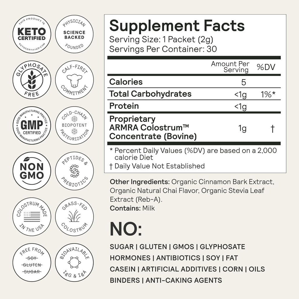 ARMRA Colostrum™ Powder | Arctic Chai | Gut Health & Bloating | Skin & Hair | Immunity | Keto, Gluten & Fat-Free | 30 Servings