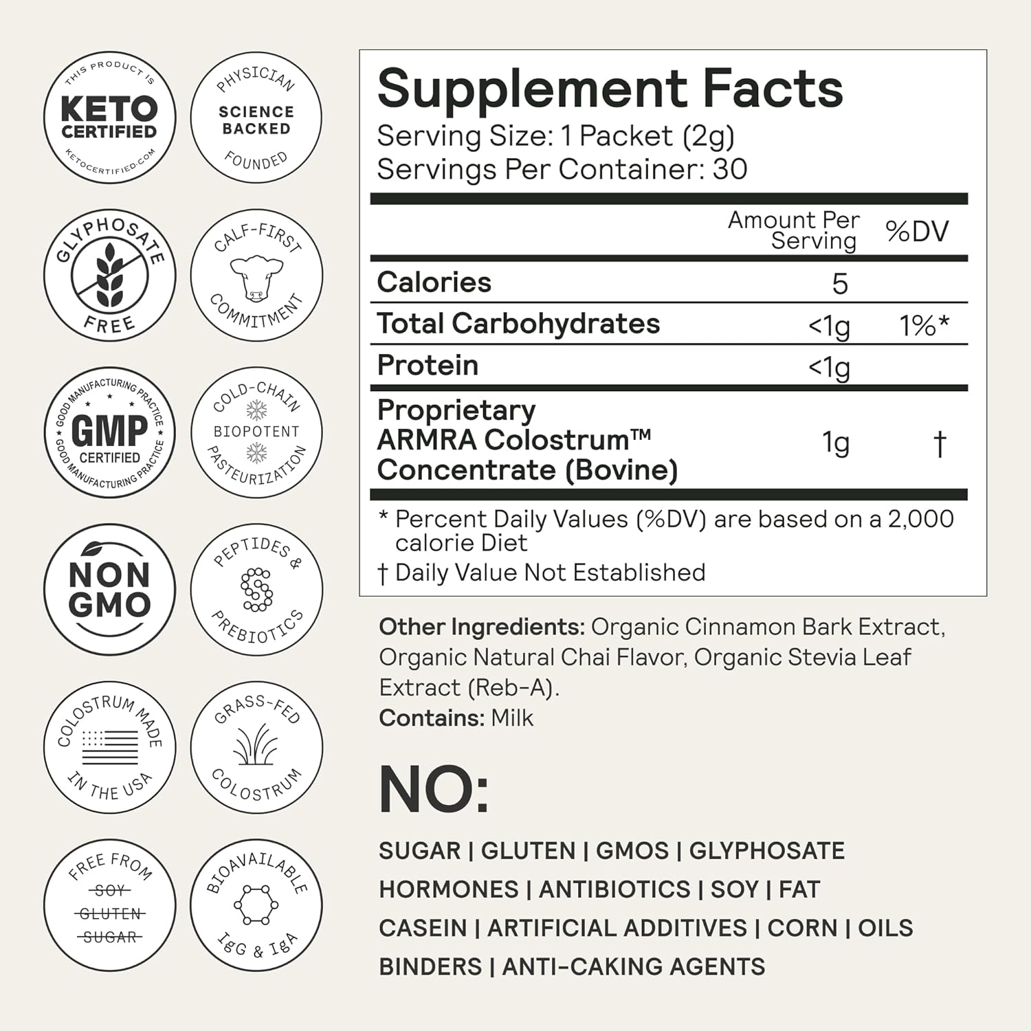 ARMRA Colostrum™ Powder | Arctic Chai | Gut Health & Bloating | Skin & Hair | Immunity | Keto, Gluten & Fat-Free | 30 Servings