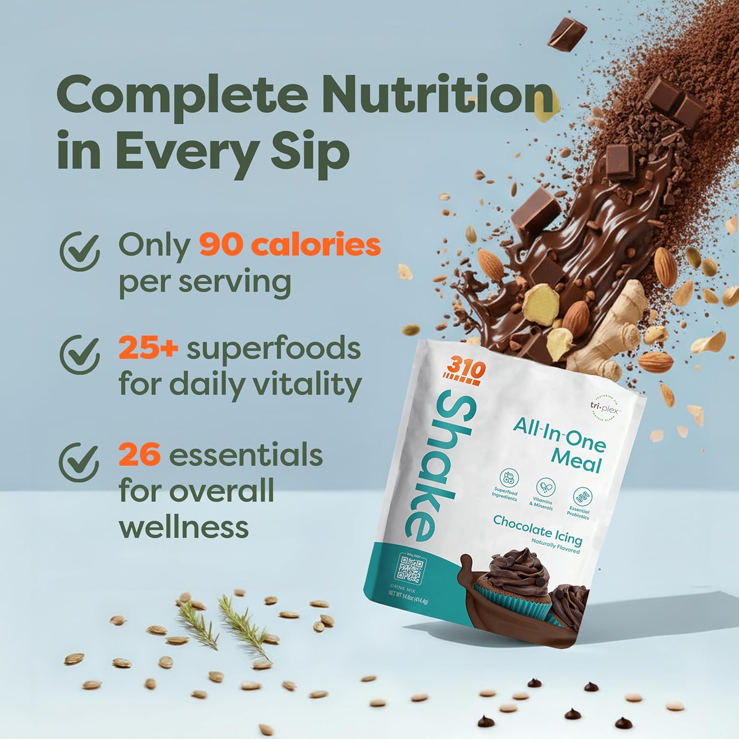 310 Nutrition All-In-One Meal Replacement Shake Powder - Plant-Based Protein Smoothie Blend w/High Fiber, Probiotics & Adaptogens - Low Carb, Vegan, Keto & Paleo Friendly - Chocolate Icing - 14 Srv