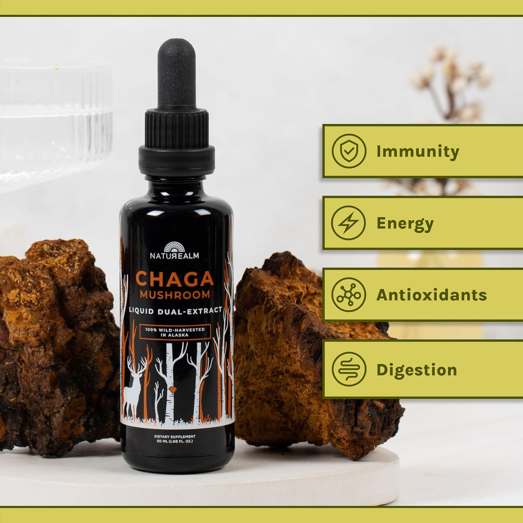 Naturealm Chaga Mushroom Liquid Tincture Supplement – Immune Support, Antioxidant Boost & Hair, Skin, Nail Health, Vegan, Non-GMO – Wild-Harvested Fruiting Bodies, 1 Month Supply