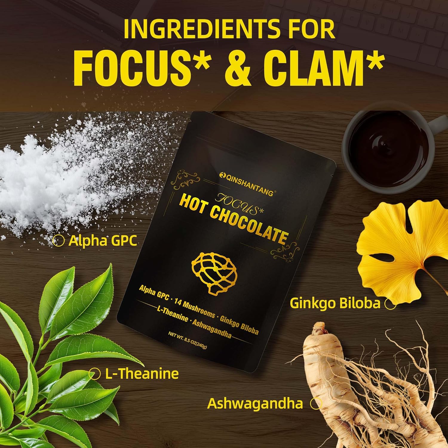 Mushroom Hot Chocolate | 14 Mushroom Blend with Adaptogens, Alpha GPC, Ginkgo Biloba & L-Theanine | Focus, Calm & Immune Support | Cacao Powder | Vegan, Keto, Gluten-Free | 8.5 Oz