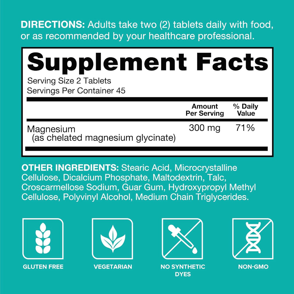 Qunol Magnesium Glycinate 300mg, 100% Glycinate Chelated Magnesium Supplement, 90ct Tablets
