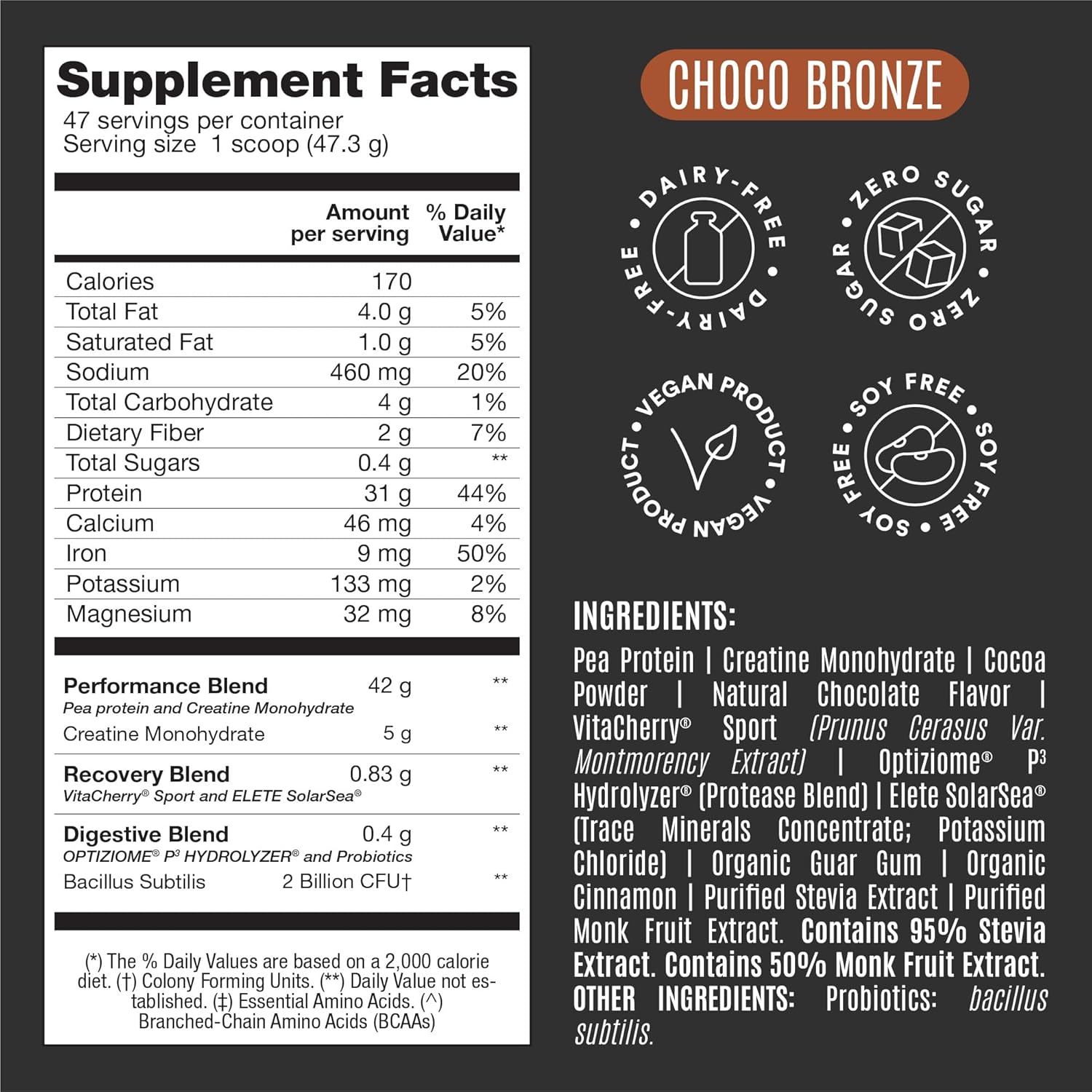 Falcon Performance Vegan Protein Powder, 31g Protein, 5g Creatine, 5g BCAA, Probiotics, Electrolytes, Pre Workout, Low Carb, Sugar Free & Dairy Free, Plant Based Chocolate Protein -47 servings