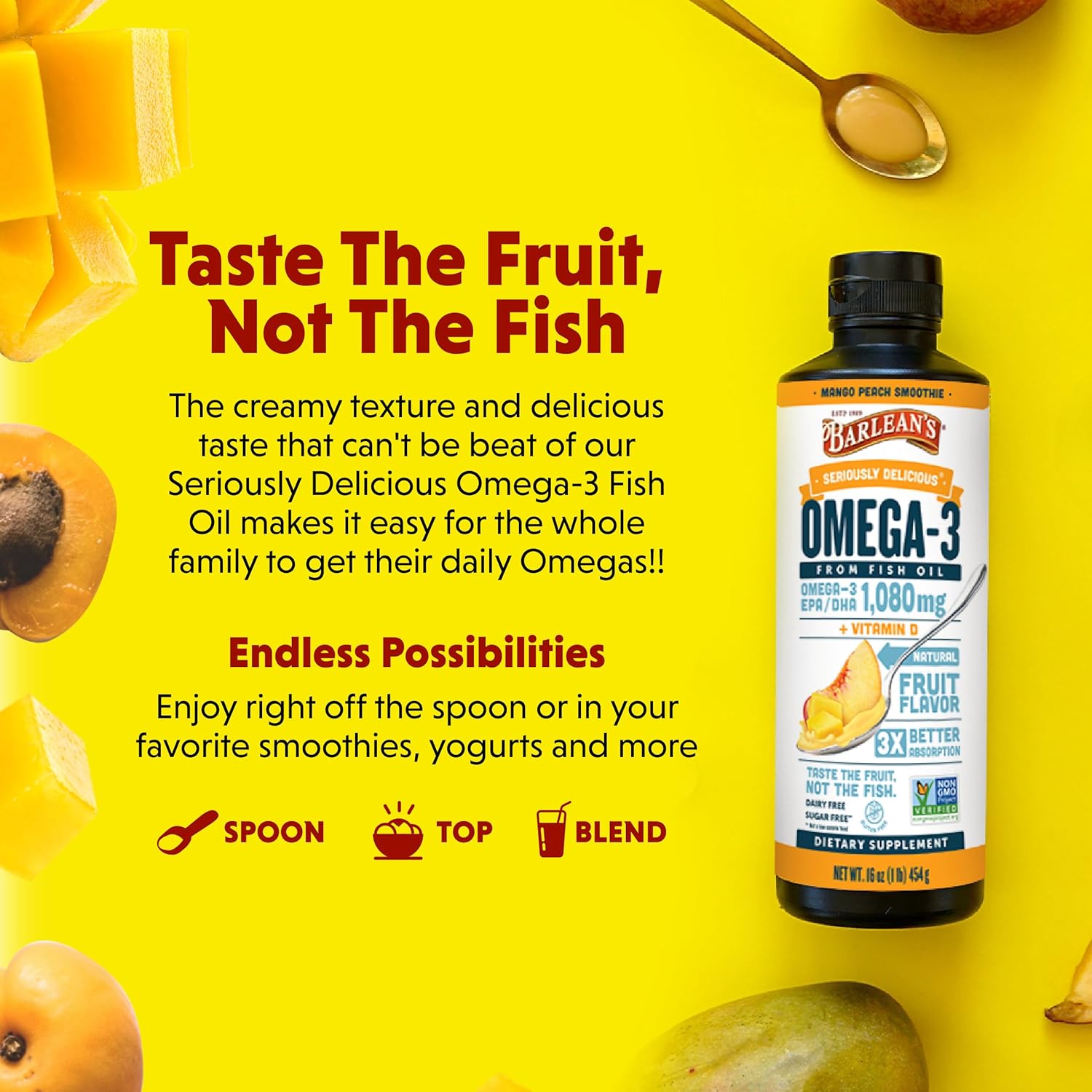 Barlean's Mango Peach Omega 3 Fish Oil Liquid Supplement with Vitamin D, 1080mg EPA & DHA Fatty Acid, Smoothie Flavored & Burpless for Brain, Joint, & Heart Health, 16 oz
