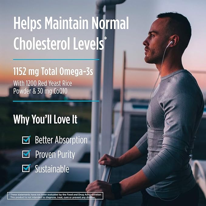 Nordic Naturals Cholesterol Support, Lemon - 60 Soft Gels - 975 Omega-3 + Red Yeast Rice & CoQ10 - Normal Cholesterol, Antioxidant Support - EPA & DHA - Non-GMO - 20 Servings