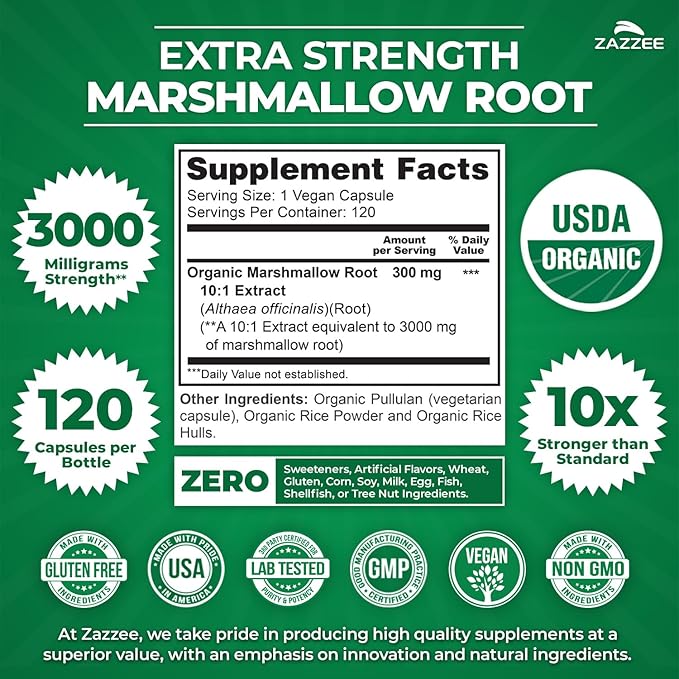 Zazzee USDA Organic Marshmallow Root 10:1 Extract, 3000 mg Strength, 120 Vegan Capsules, 4 Month Supply, Standardized, Concentrated 10X Extract, 100% Vegetarian, All-Natural, Non-GMO, Made in The USA