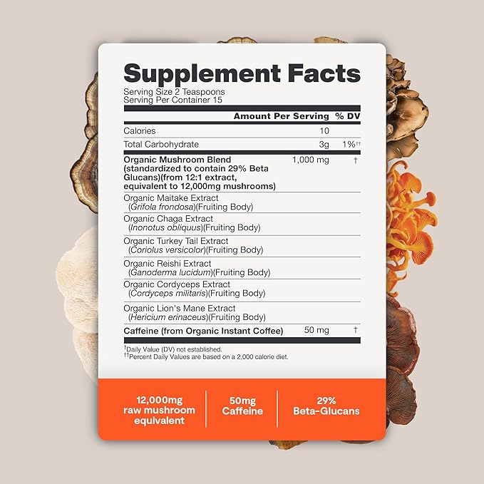 Mushroom Coffee 12,000 mg – Organic Instant Coffee with 6 Adaptogenic Mushrooms & 29% Beta-Glucans – Nootropic for Clean Energy, Focus, No Jitters, Gut Health & Immune Support (15 Servings)
