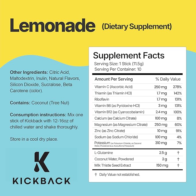Kickback Morning Boost Lemonade 10 Pack – Electrolyte Hydration Beverage with Electrolytes & Vitamins for Enhanced Energy & Focus – Innovative Proprietary Drink for Liver & Gut Support