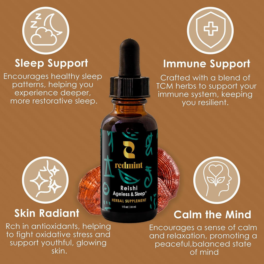 Redmint Reishi Mushroom Herbal Tincture - Ageless & Sleep | Natural Mushroom Supplement with TCM Herbs Dong Quai, Schisandra for Restful Sleep, Immune Support, Relaxation,Skin Health| 1 fl oz