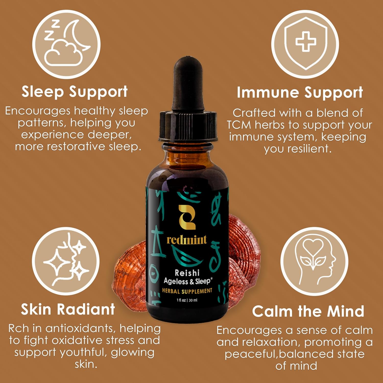 Redmint Reishi Mushroom Herbal Tincture - Ageless & Sleep | Natural Mushroom Supplement with TCM Herbs Dong Quai, Schisandra for Restful Sleep, Immune Support, Relaxation,Skin Health| 1 fl oz
