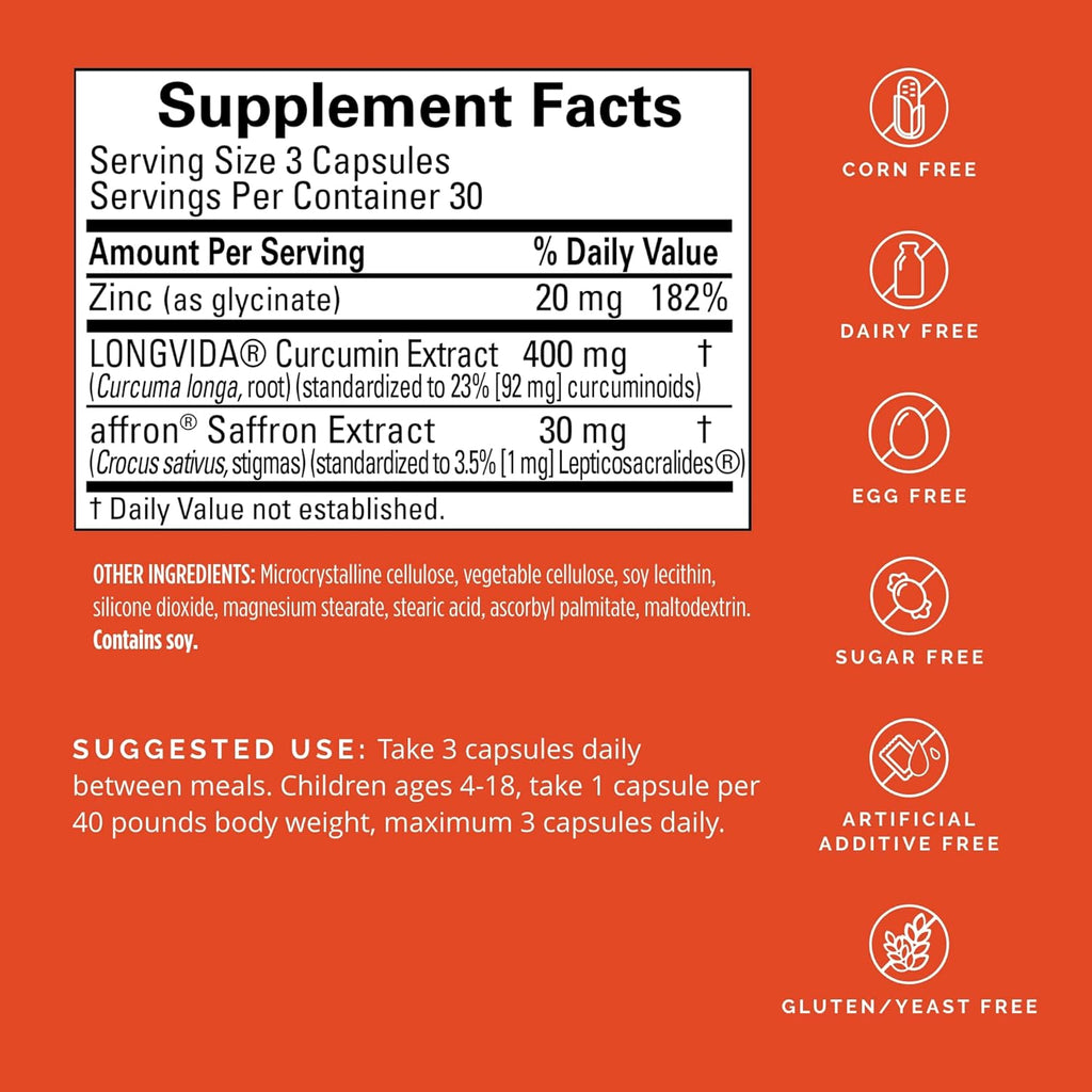 Dr Amen BrainMD Happy Saffron Plus - 90 Capsules - With Saffron Flower Extract, Curcumin & Zinc - Vegan, Gluten Free - 30 Servings