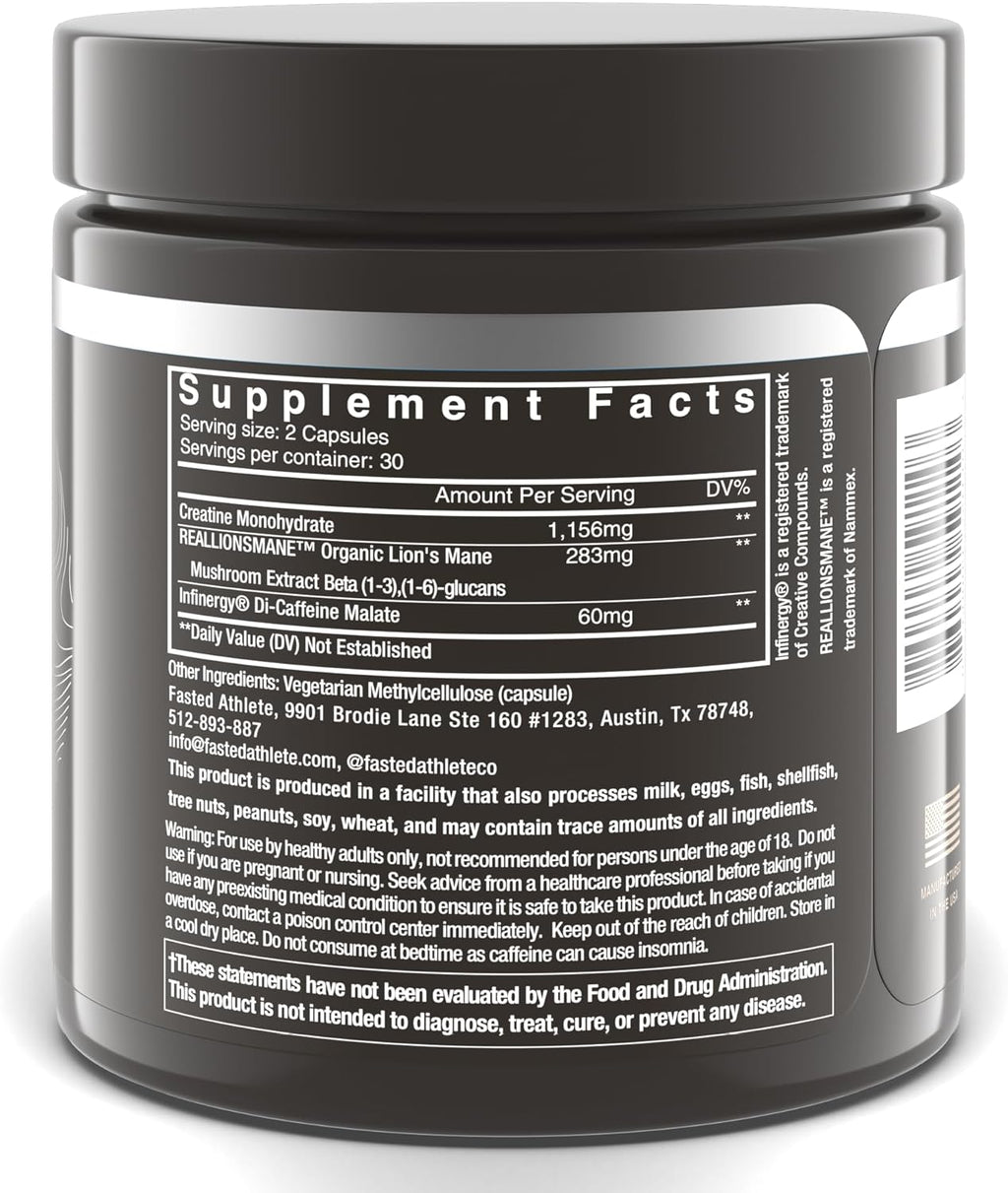 Fasted Athlete - Lift - Lions Mane, Focus Supplement, Nootropic, Supports Memory, Energy, Energy, & Clarity, Mushroom Supplement for Brain Health, 60 Capsules