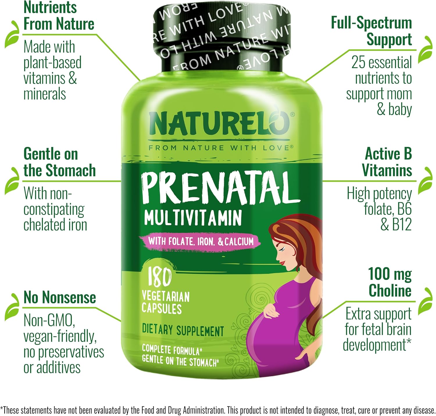 NATURELO Prenatal Multivitamin with Gentle Chelated Iron, Methyl Folate, Plant Calcium & Choline - Vegan, Vegetarian - Non-GMO - Gluten Free - 180 Capsules - 4 Month Supply (Pack of 2)