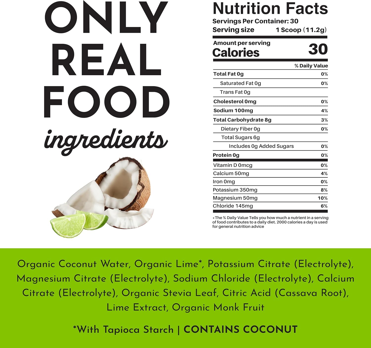 Coconut Lime Electrolytes – 30‑Serving Hydration Drink Mix with Coconut Water, Sea Salt, and Trace Minerals – Supports Hydration, Recovery, and Electrolyte Balance*