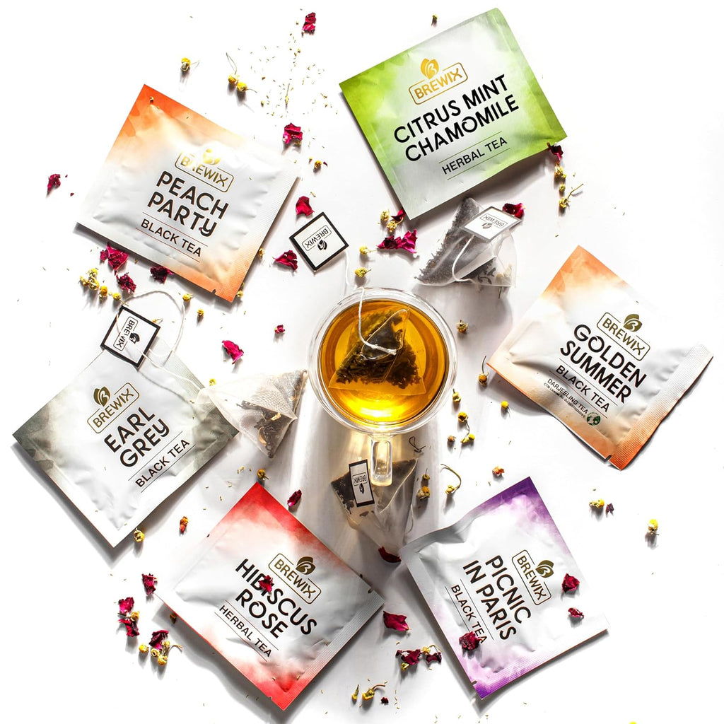 BREWIX Premium Assorted Tea Sampler Gift Box (15 Pyramid Individually Wrapped Tea Bags) | Herbal Tea, Black Tea, Green Tea | Tea Gift Set & Variety Pack | Gifts for Women & Men, Tea Set
