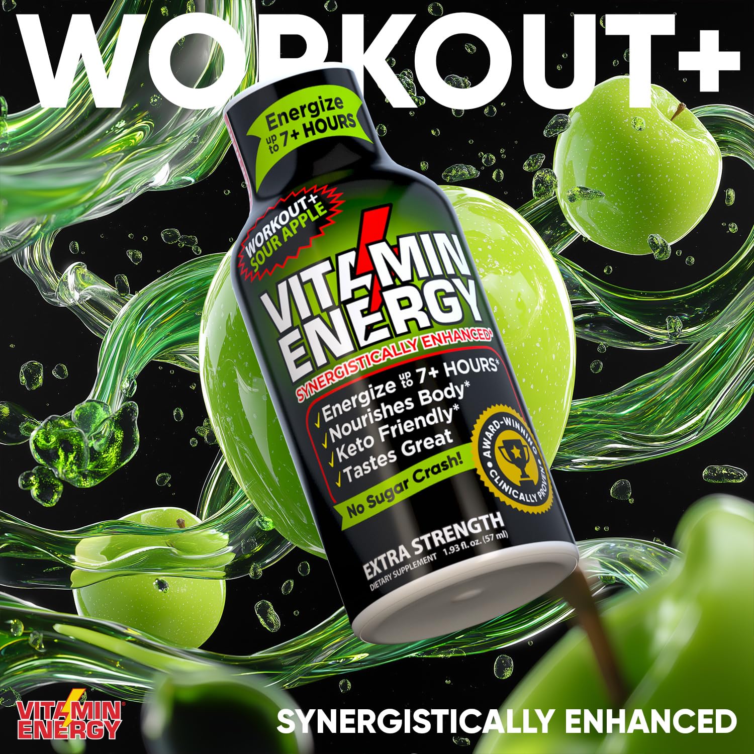 Vitamin Energy Workout+ Extra Strength Energy Shot Sour Apple 24 Pack, 260mg Natural Caffeine, Pre-Workout, B-Vitamins, Minerals, Endurance & Performance, Zero Sugar, Gluten-Free, Vegan, 1.93 fl oz