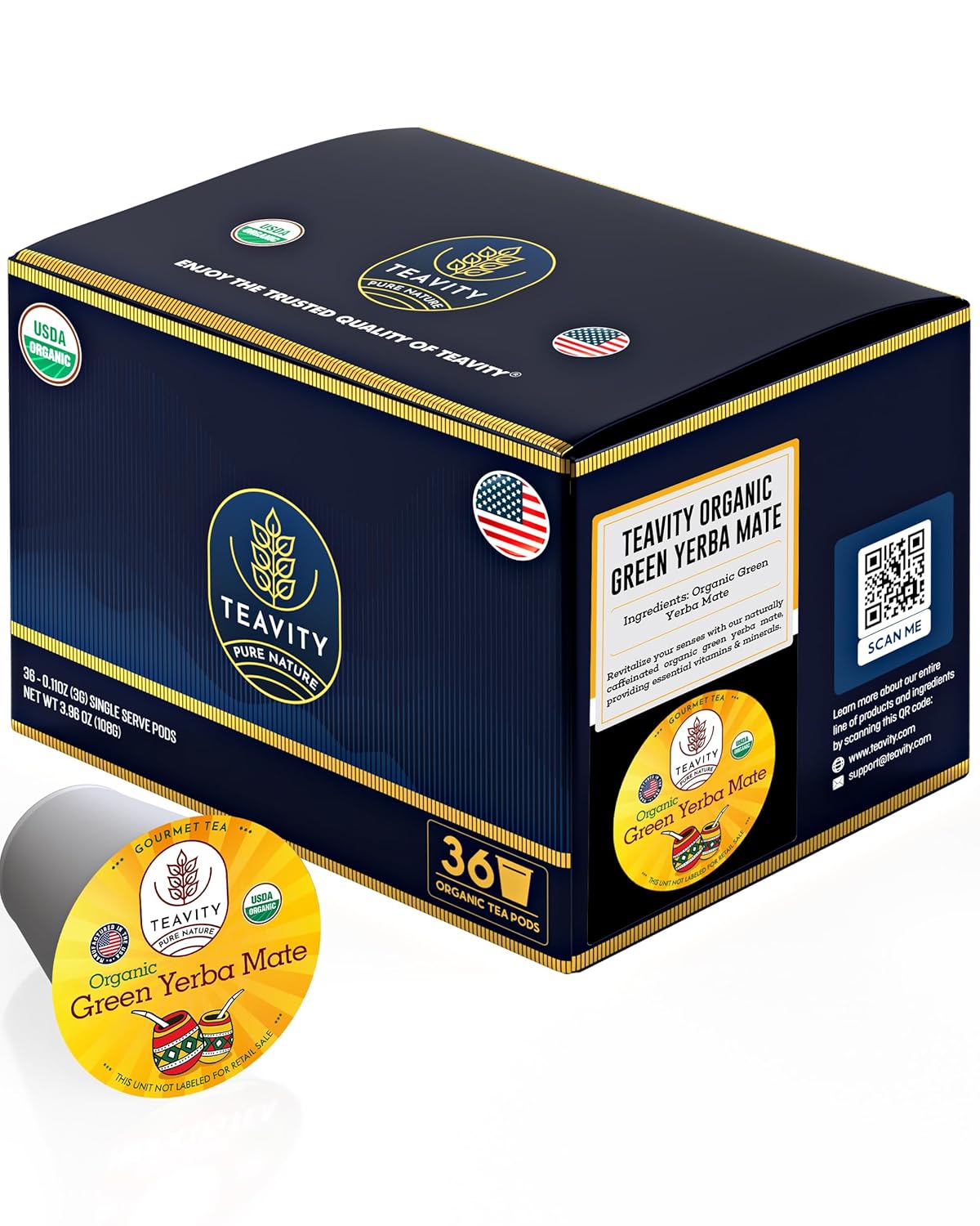 Organic Yerba Mate Tea Pods for Keurig - Green, Unsmoked Yerba Mate by Teavity (36 Tea Pods)