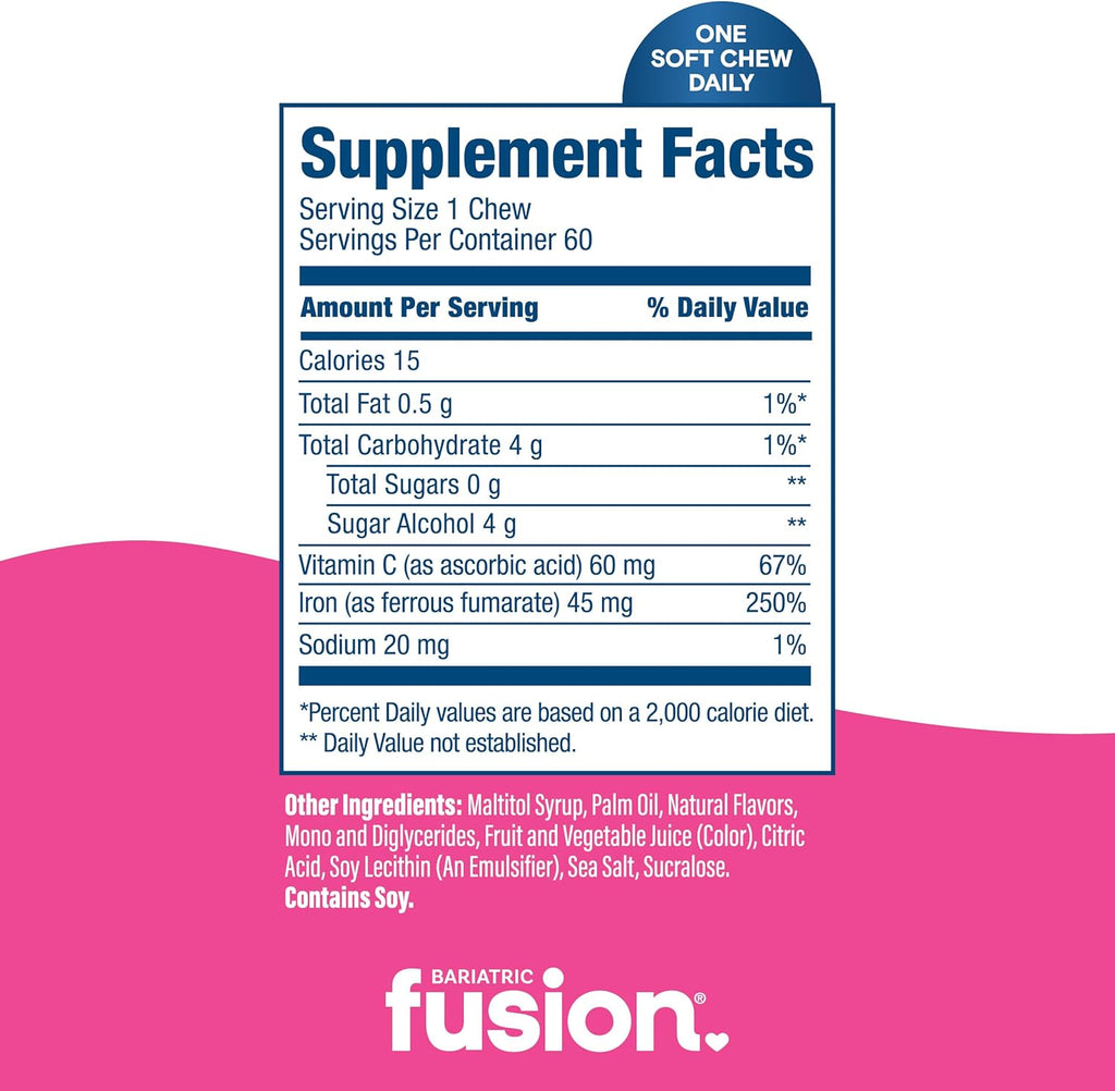 Bariatric Fusion Iron Supplement for Women Anemia | Chewable Iron with Vitamin C | Watermelon Flavored Soft Chew | Gentle on Stomach Ferrous Fumarate for Women and Men | Gluten Free | 60 Count